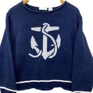 Liz Claiborne Lizsport Anchor Sweater Womens Large Navy Blue Nautical Cotton